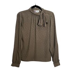 Prophecy Vintage Taupe Brown Jacquard Leaf Tie Neck Blouse Made in USA Size 10